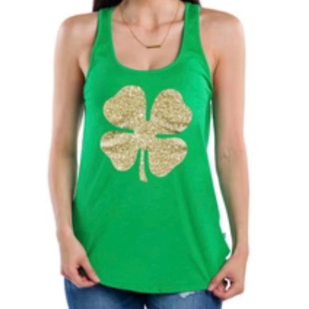 Tipsy Elves Womens Green Gold Glitter Four Leaf Clover Racerback Tank Top Large